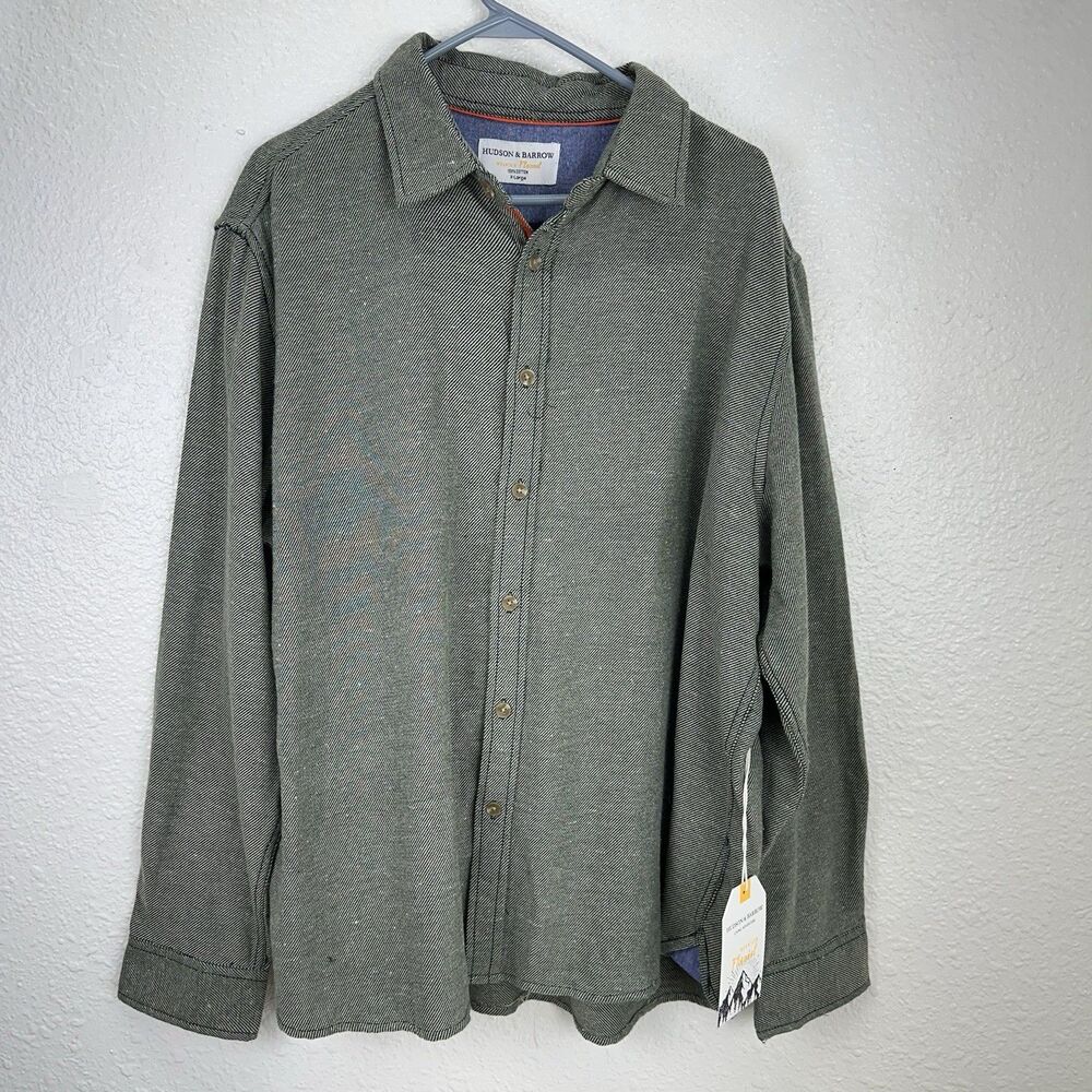 NEW Hudson & Barrow Flannel Shirt Mens Green Herringbone Long Sleeve Casual XL